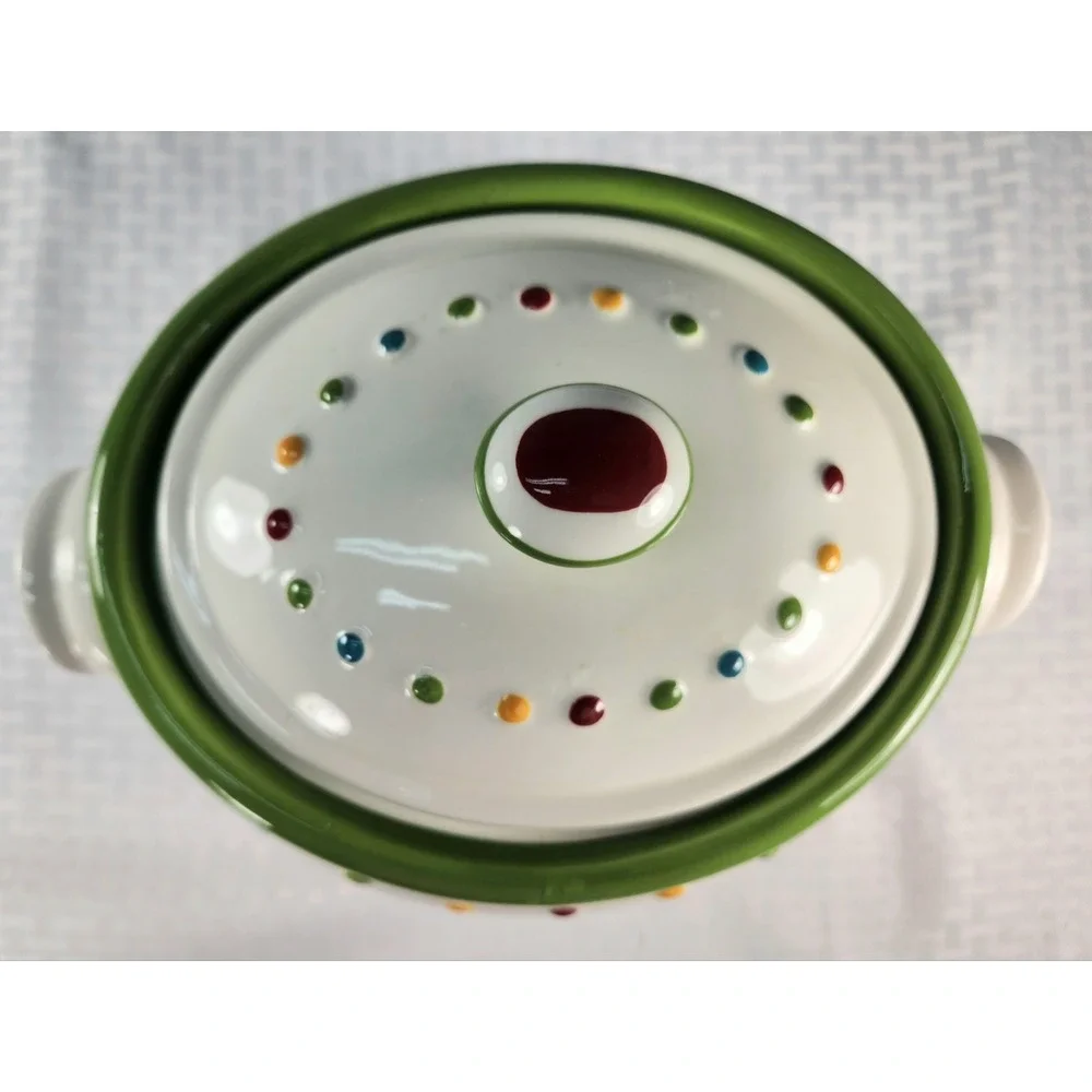 Celebrating Home Covered Stoneware Casserole Dish Tureen Polka Dot Stripe Lid